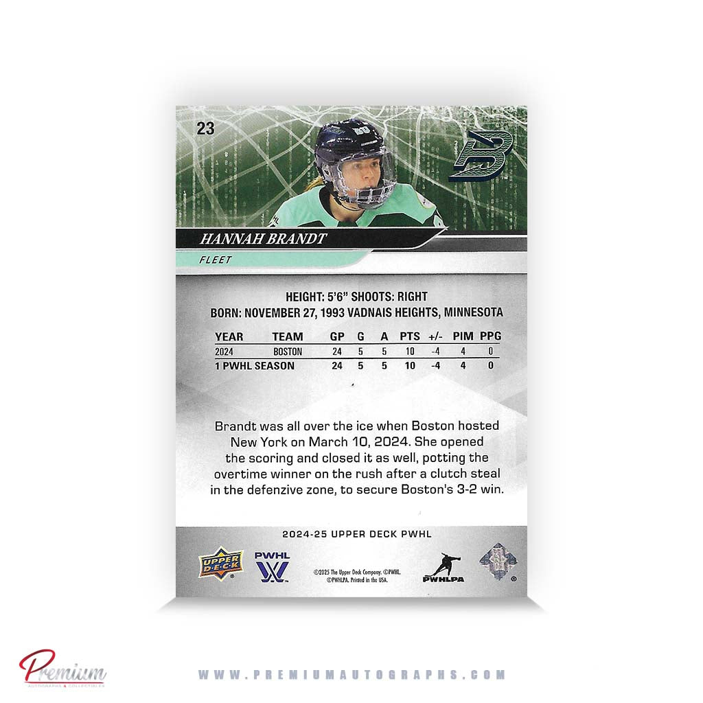 Hannah Brandt Boston Fleet Autographed 2024-25 Upper Deck PWHL Hockey Card #23 Ltd /20 Nicknames  edn. w/ "Hammer" Inscription