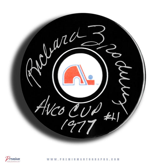 Richard Brodeur Quebec Nordiques Signed Puck w/ Avco Cup 1997 Inscription