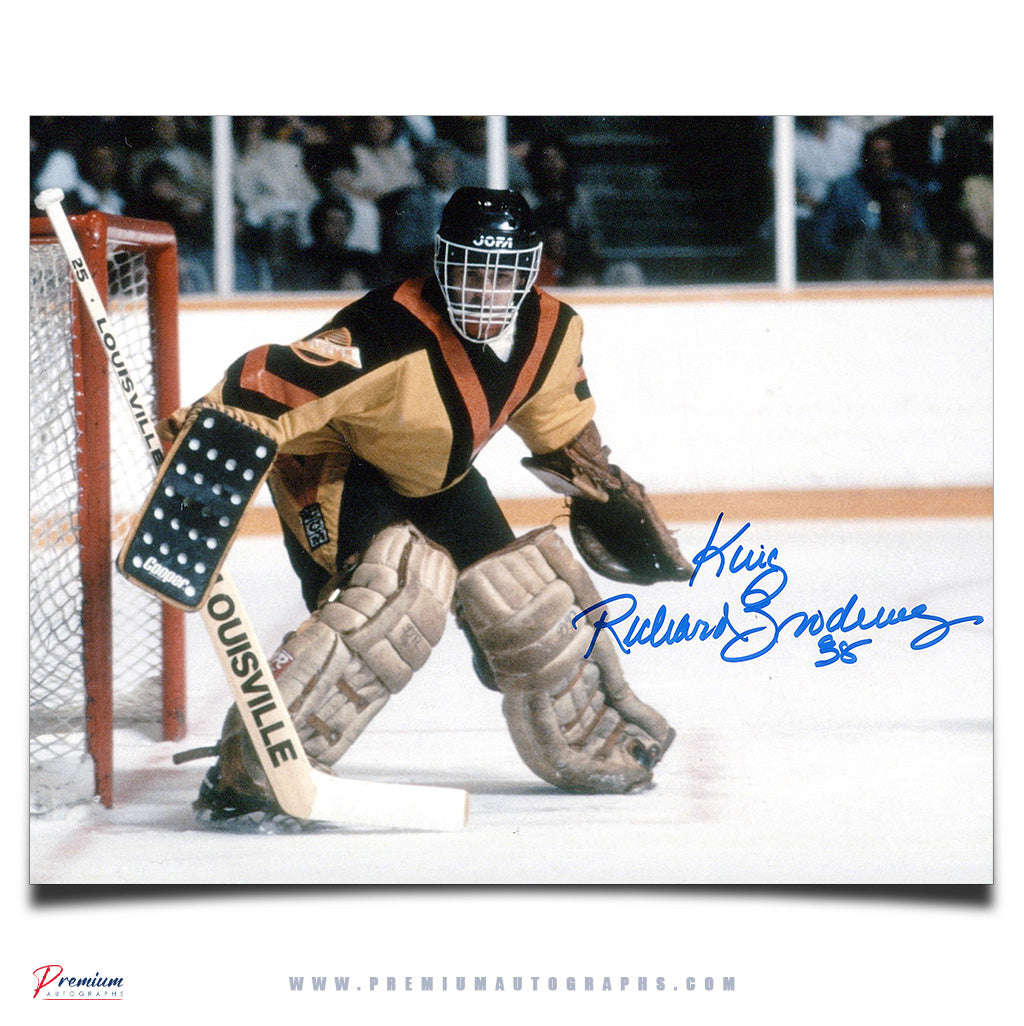 King Richard Brodeur Vancouver Canucks Autographed 8x10 Photograph Against the Post