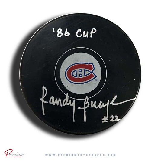 Randy Bucyk Montreal Canadiens Autographed Puck a/ '86 Cup Inscription