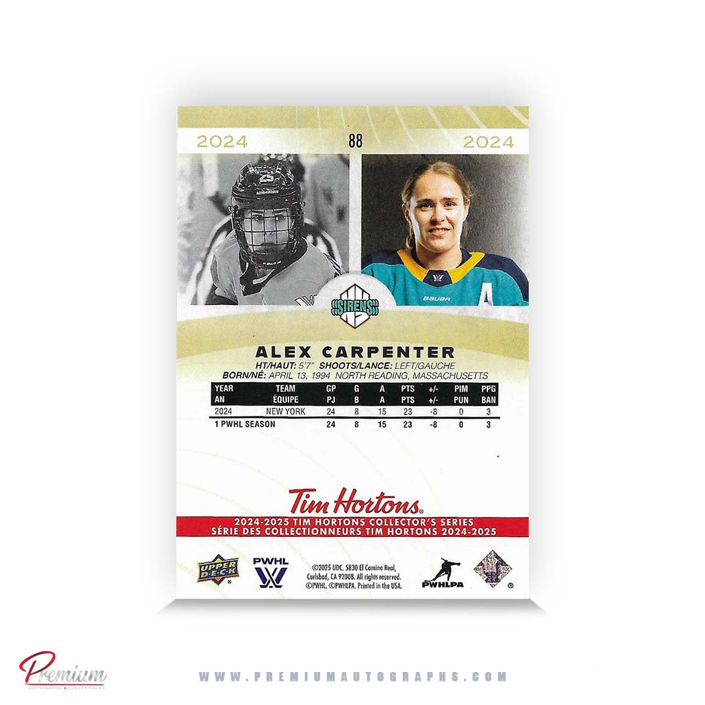 Alex Carpenter New York Sirens Autographed 2025-26 Upper Deck PWHL Tim Hortons Hockey Card #88