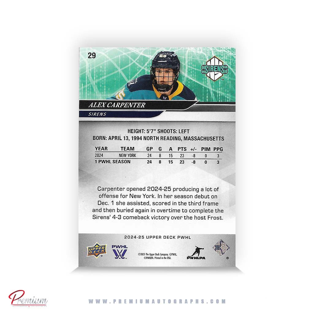 Alex Carpenter New York Sirens Autographed 2024-25 Upper Deck PWHL Hockey Card #23 Ltd /25 Nicknames  edn. w/ ''Carpy" Inscription