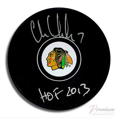 Chris Chelios Chicago Blackhawks Signed Puck w/ HOF 2013 Inscription