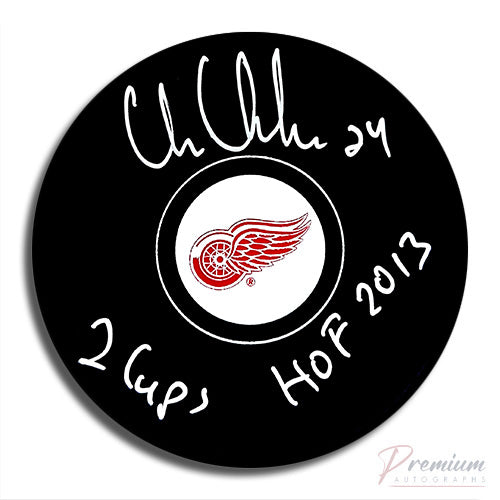 Chris Chelios Detroit Red Wings Signed Puck w/ 2 Cups & HOF 2013 Inscription