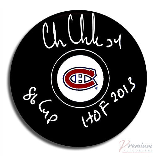 Chris Chelios Montreal Canadiens Signed Puck w/ 86 Cup & HOF 2013 Inscription