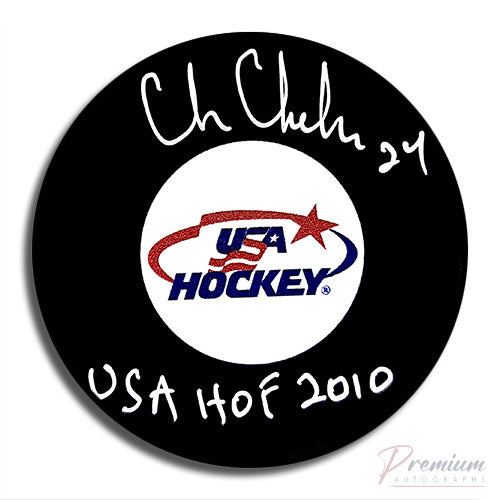 Chris Chelios USA Signed Puck w/ USA HOF 2010 Inscription