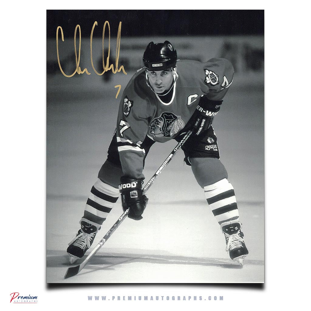 Chris Chelios Chicago Blackhawks Signed 8x10 Photograph B/W Intence