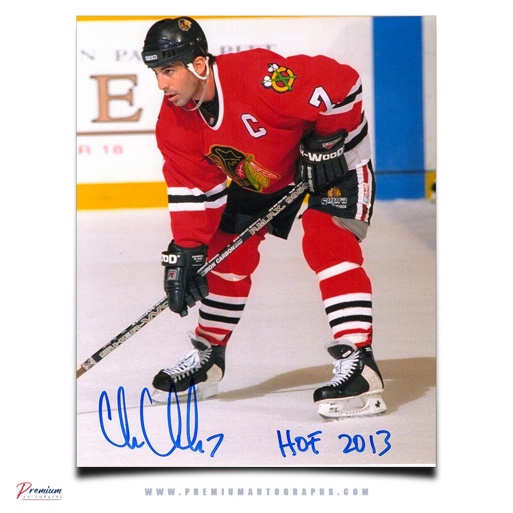 Chris Chelios Chicago Blackhawks Signed 8x10 Photograph Faceoff w/ HOF 2013 Inscription