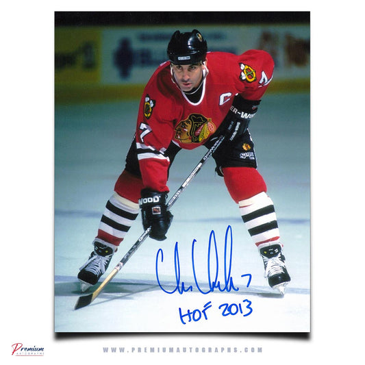 Chris Chelios Chicago Blackhawks Signed 8x10 Photograph Intence w/ HOF 2013 Inscription