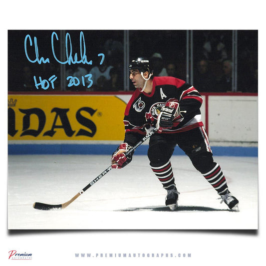 Chris Chelios Chicago Blackhawks Signed 8x10 Photograph Defensive Zone w/ HOF 2013 Inscription