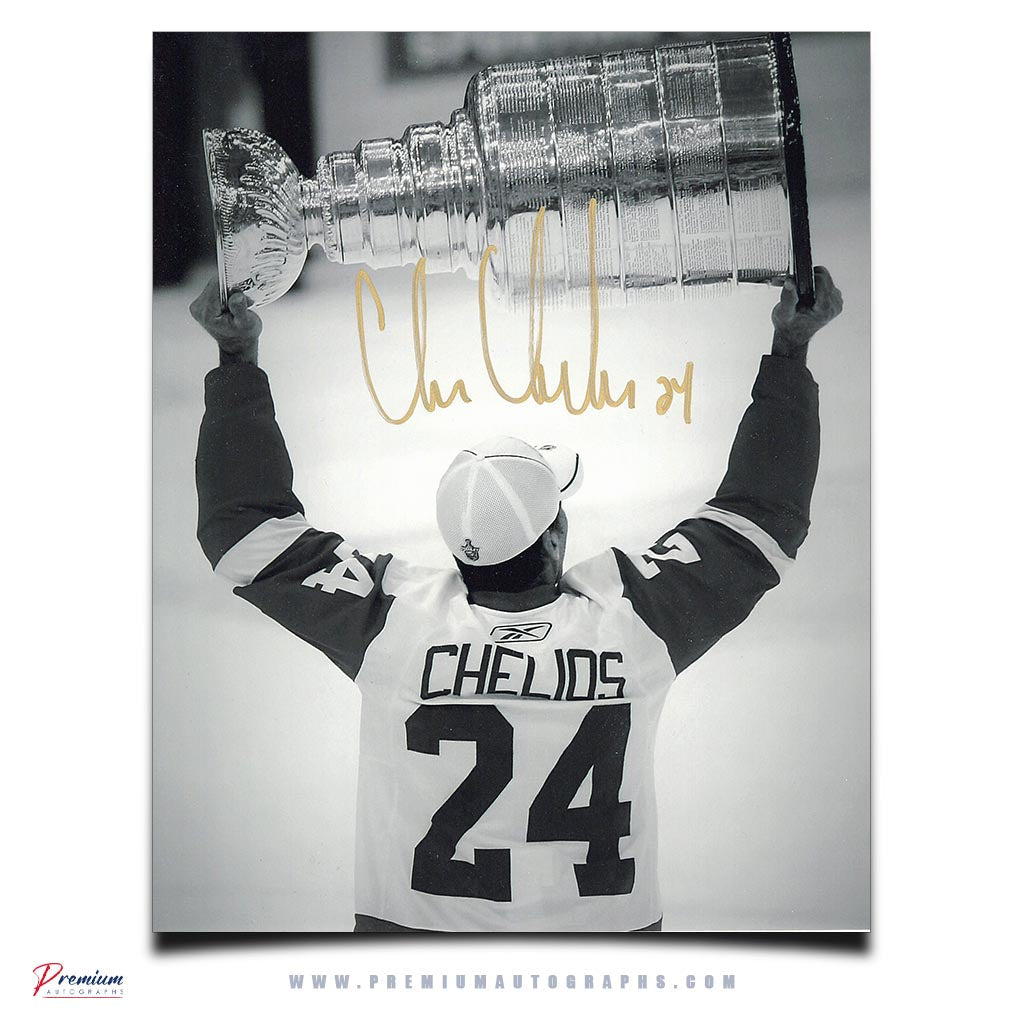 Chris Chelios Detroit Red Wings Signed 8x10 Photograph B/W Behind Stanley Cup Celebration w/ 2 Cups Inscription