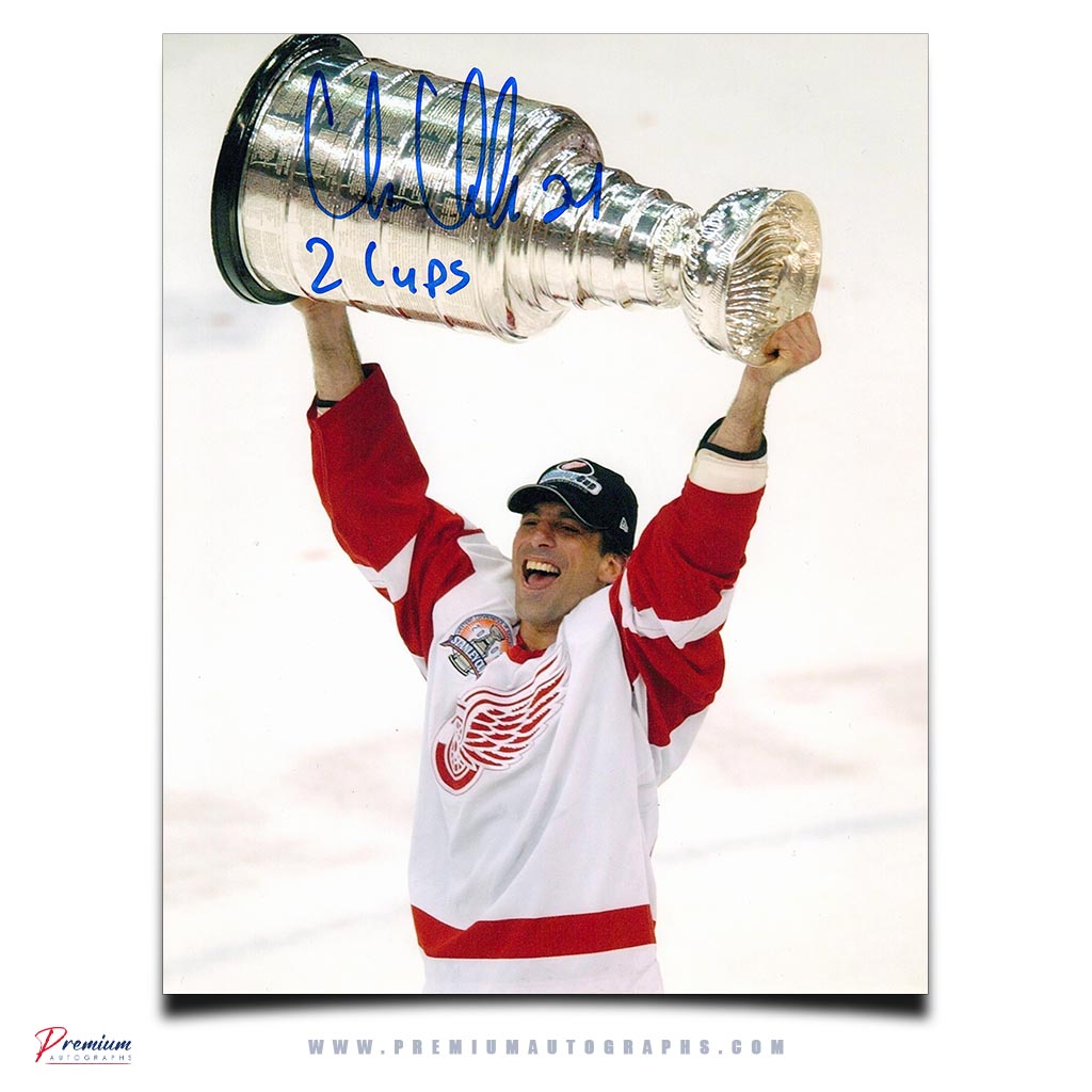 Chris Chelios Detroit Red Wings Signed 8x10 Photograph Stanley Cup Celebration w/ 2 Cups Inscription