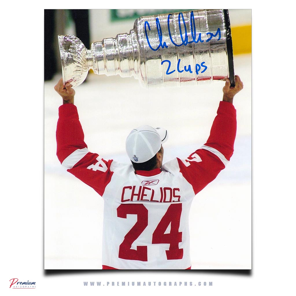 Chris Chelios Detroit Red Wings Signed 8x10 Photograph Behind Stanley Cup Celebration w/ 2 Cups Inscription