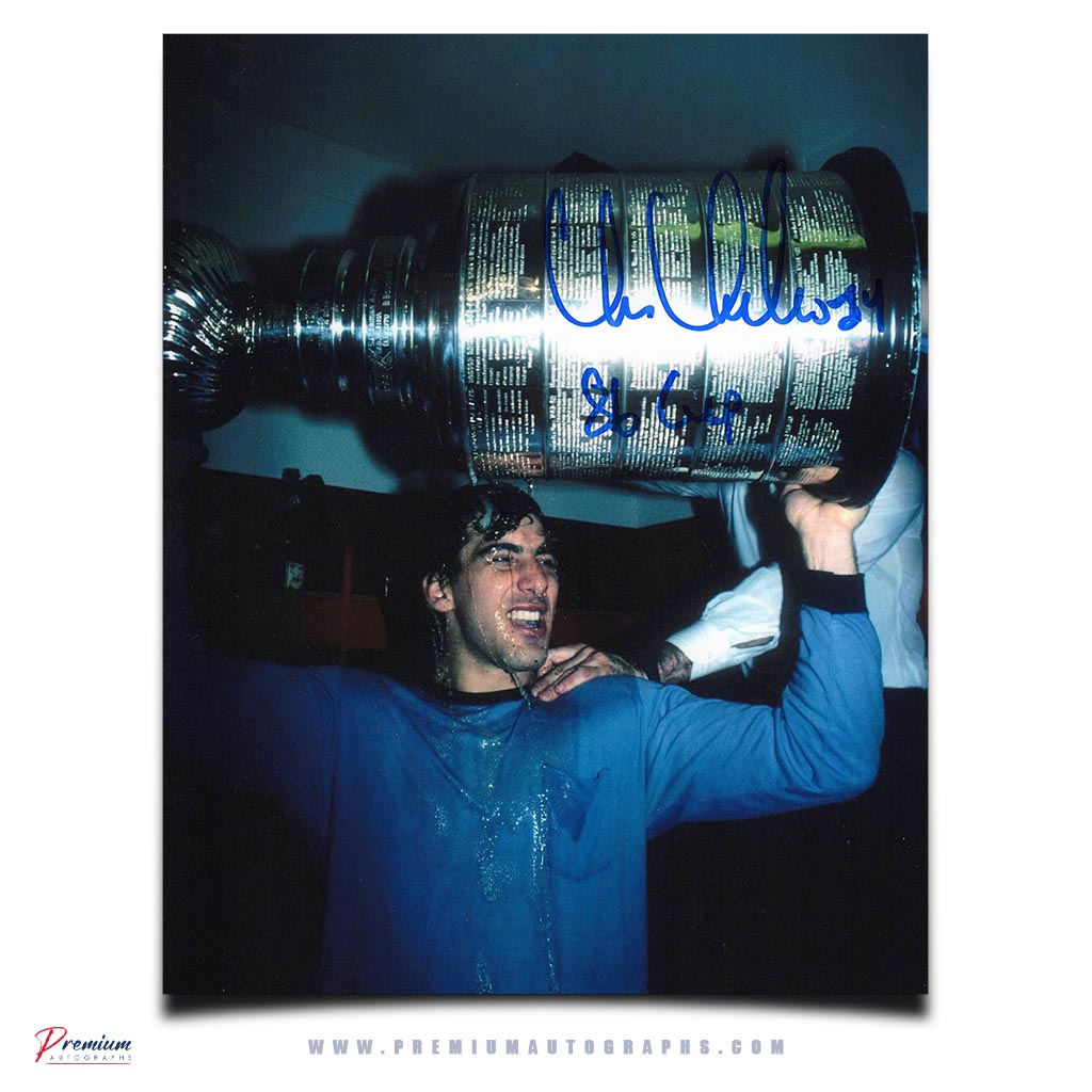 Chris Chelios Montreal Canadiens Signed 8x10 Photograph Stanley Cup Locker Room Celebration w/ 86 Cup Inscription