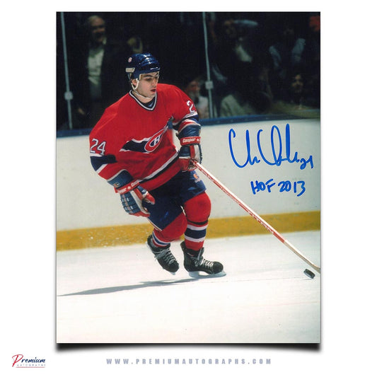 Chris Chelios Montreal Canadiens Signed 8x10 Photograph Puck Possession w/ HOF 2013 Inscription