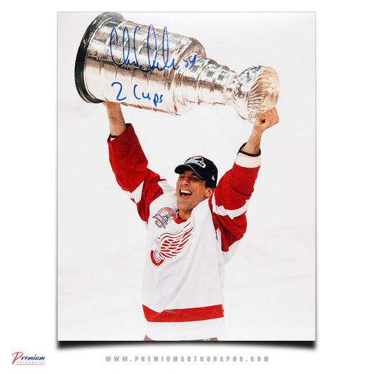 Chris Chelios Detroit Red Wings Signed 11x14 Photograph, Stanley Cup Celebration w/ 2 Cups Inscription