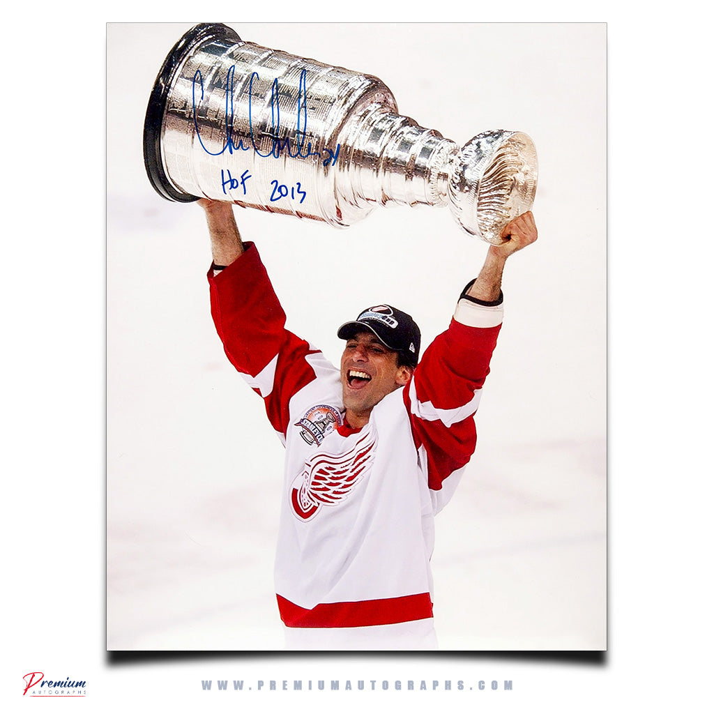 Chris Chelios Detroit Red Wings Signed 16x20 Photograph, Stanley Cup Celebration w/ HOF 2013 Inscription