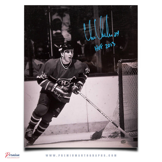 Chris Chelios Montreal Canadiens Signed 16x20 Photograph Puck Around the Net w/ HOF 2013 Inscription