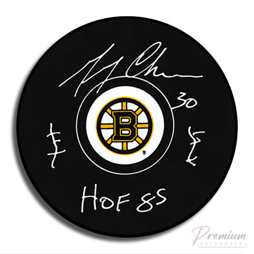 Gerry Cheevers Boston Bruins Signed Puck w/ HOF 85 & Stitches Inscription