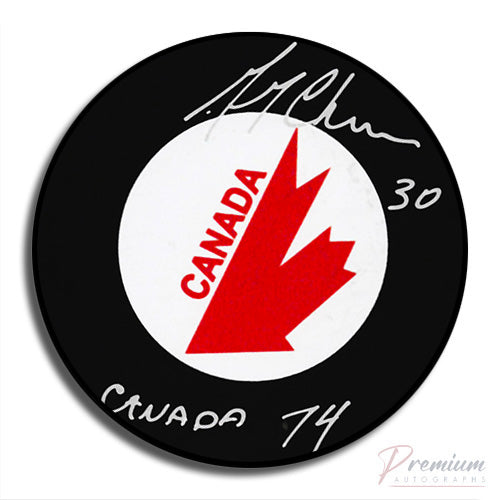 Gerry Cheevers Canada Signed Puck w/ Canada 74 Inscription