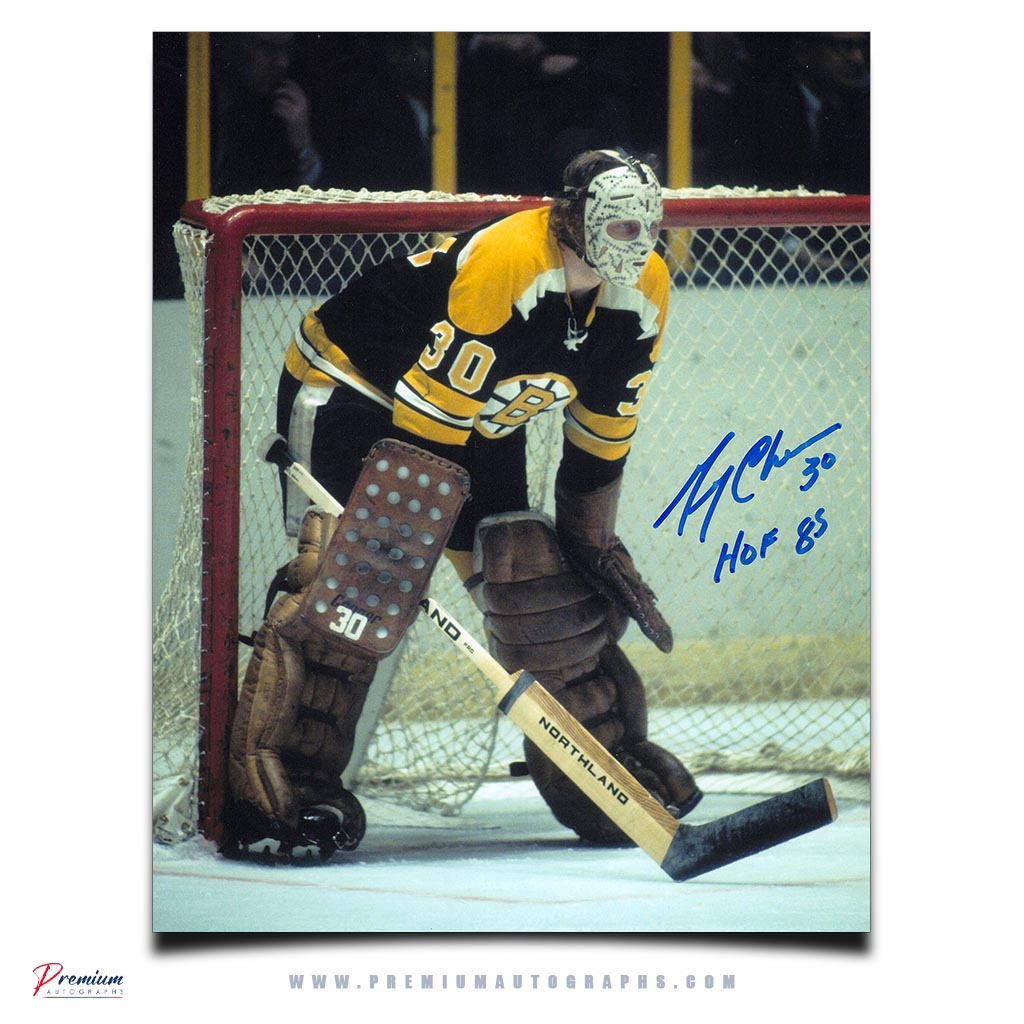 Gerry Cheevers Boston Bruins Signed 8x10 PhotographIn Net w/ HOF 85 Inscription