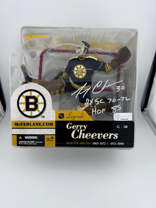 Gerry Cheevers Boston Bruins Autographed McFarlane (on package) w/ 2x SC 70-72 & HOF 85 Inscription