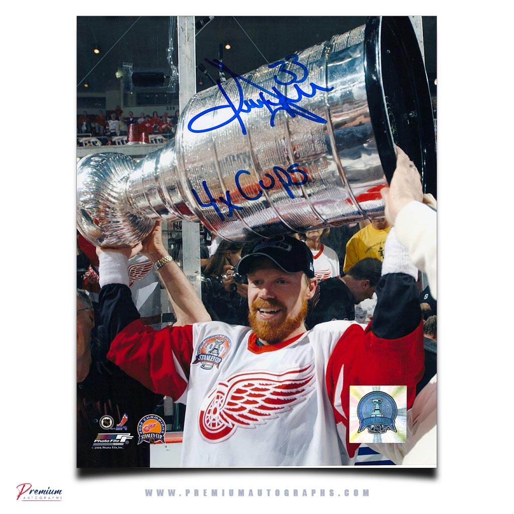 Kris Draper Detroit Red Wings Signed 8x10 Photograph Stanley Cup Celebration w/ 4x Cups Inscription