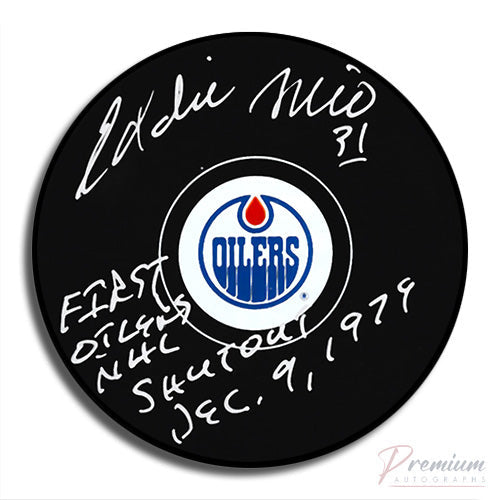 Eddie Mio Edmonton Oilers Signed Puck w/ First Oiler NHL Shutout Inscription