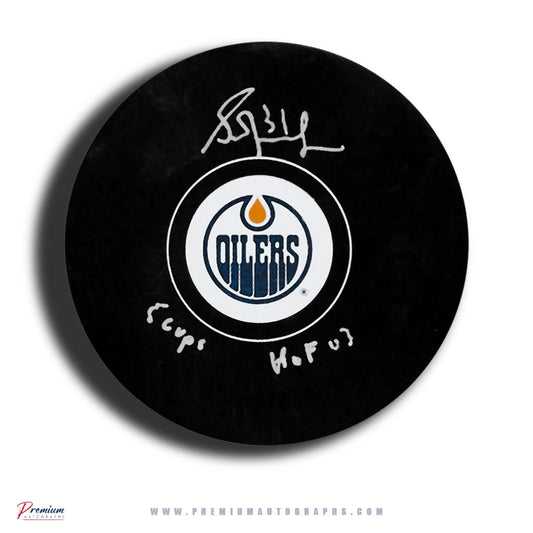 Grant Fuhr Edmonton Oilers Signed Puck w/ 5 cups & HOF 03 Inscriptions