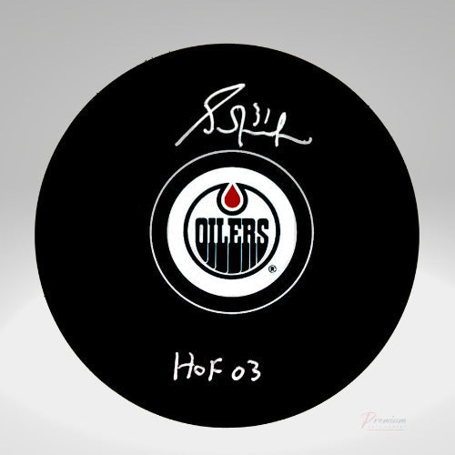 Grant Fuhr Edmonton Oilers Signed Puck w/ HOF 03 Inscription