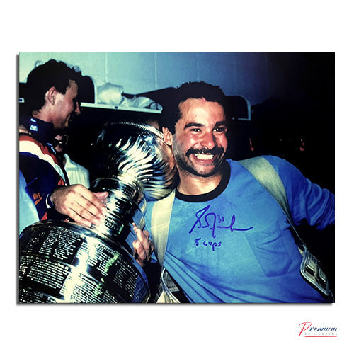 Grant Fuhr Edmonton Oilers Signed 8x10 Photograph Locker Room Stanley Cup Celebration w/ 5 Cups Inscription