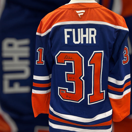 Grant Fuhr Edmonton Oilers Fanatics Autographed Jersey w/ HOF 03 & 5 Cups Inscription
