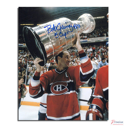 Bob Gainey Montreal Canadiens Signed 8x10 Photograph Stanley Cup Celebration w/ 5 Cups Inscription