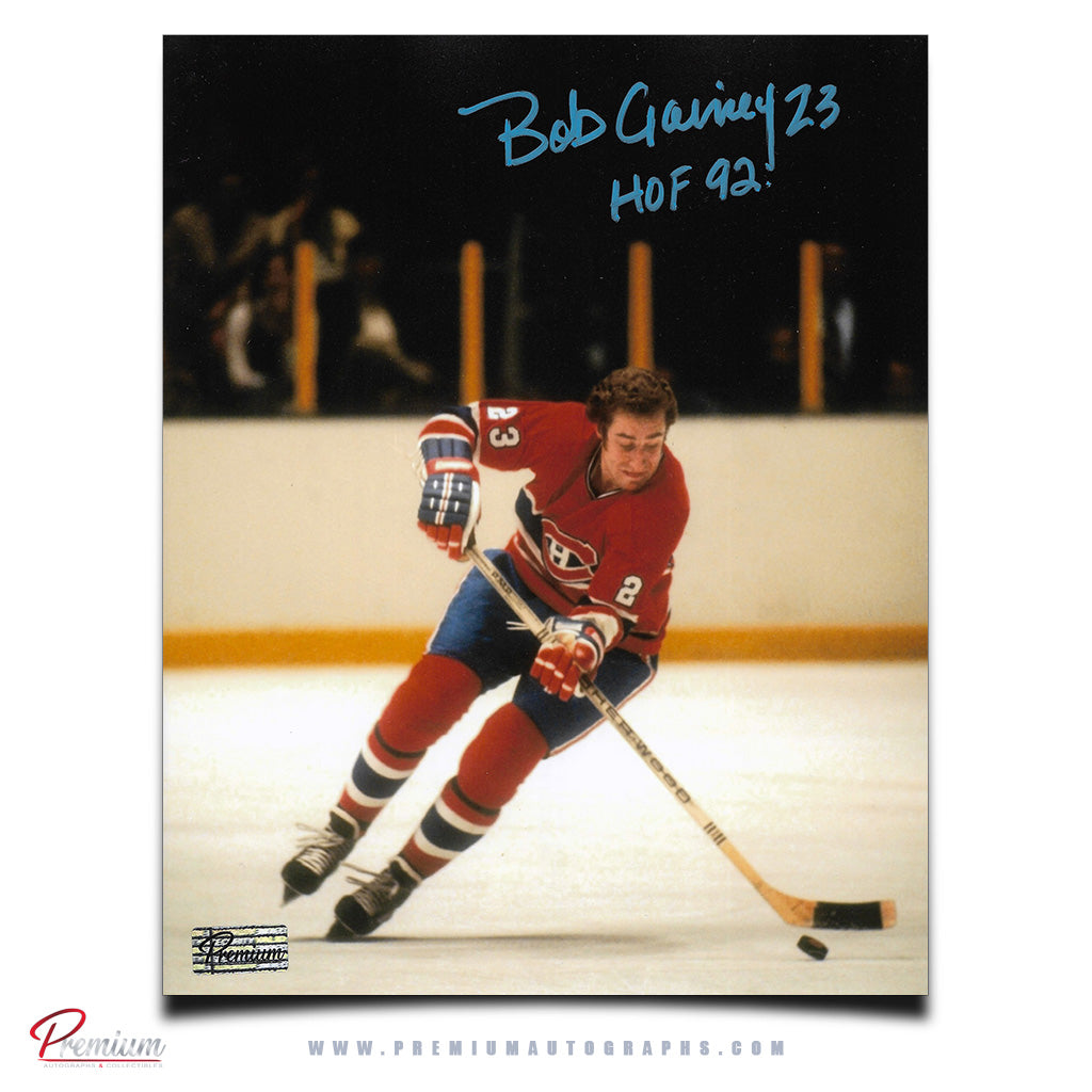 Bob Gainey Montreal Canadiens Signed 8x10 Photograph w/ HOF 92 Inscription With the Puck