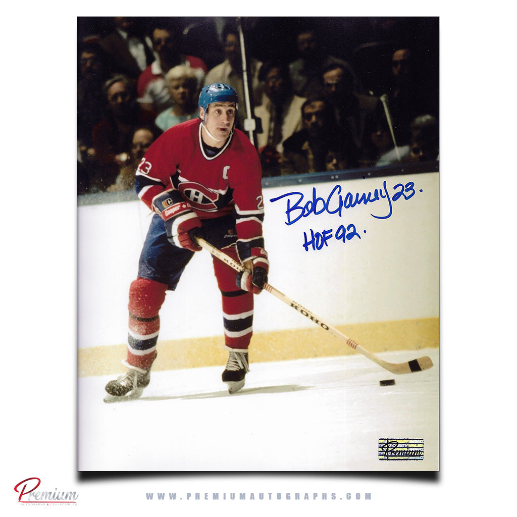 Bob Gainey Montreal Canadiens Signed 8x10 Photograph w/ HOF 92 Inscription Puck Along the Boards