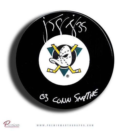 J.S. Giguere Anaheim Ducks Autographed Puck /w 03 Conn Smythe Inscription