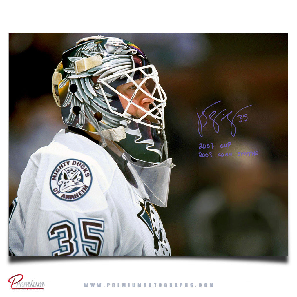 J.S. Giguere Anaheim Ducks Autographed 16x20 Close Up w/ 2007 Cup & 2003 Conn Smythe Inscriptions