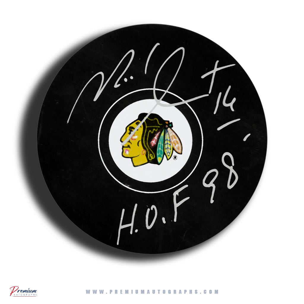 Michel Goulet Chicago Blackhawks Signed Puck w/ HOF 98 Inscription