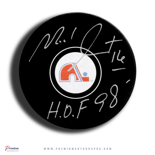 Michel Goulet Quebec Nordiques Signed Puck w/ HOF 98 Inscription