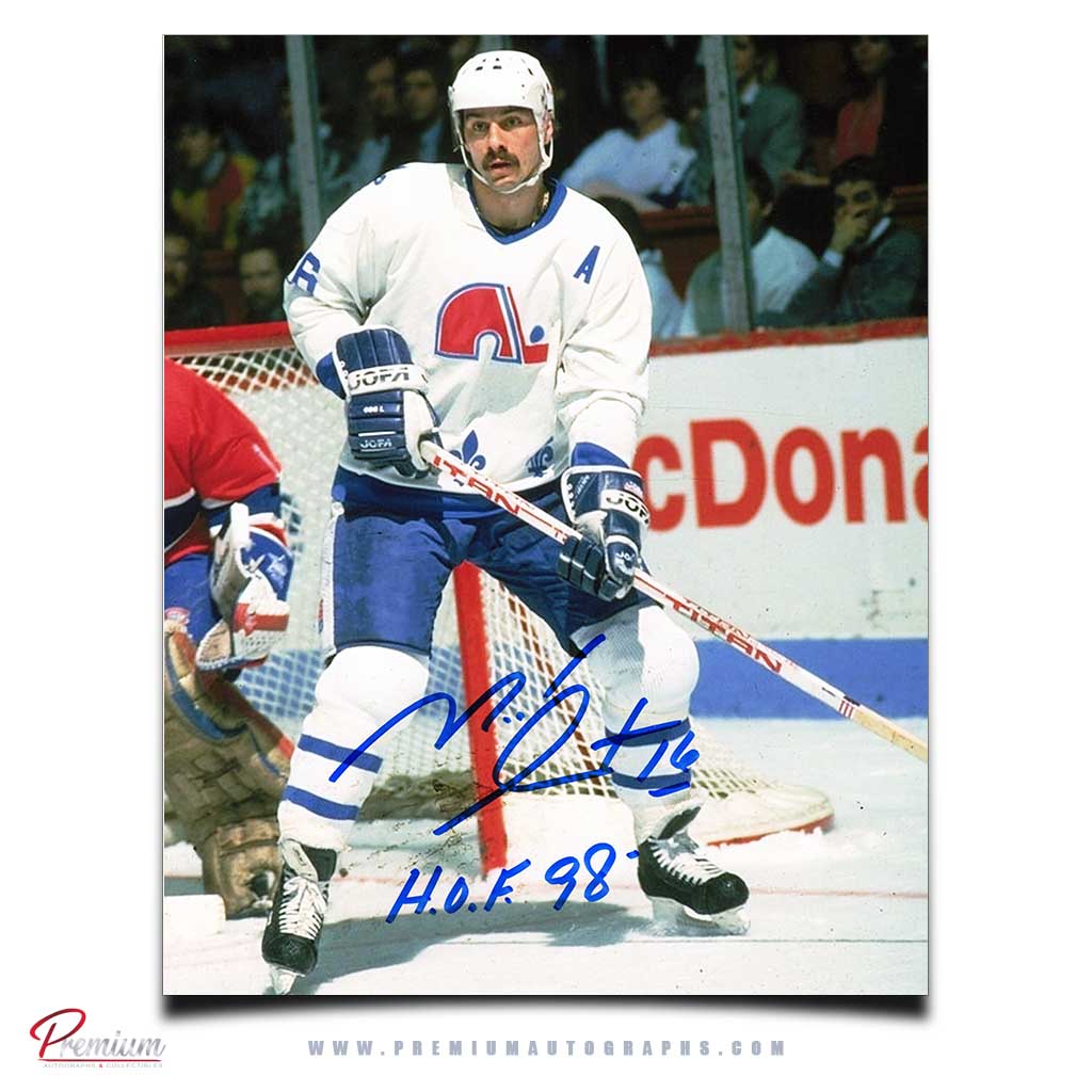 Michel Goulet Quebec Nordiques Signed 8x10 Photograph In front of the Net w/ HOF 98 Inscription