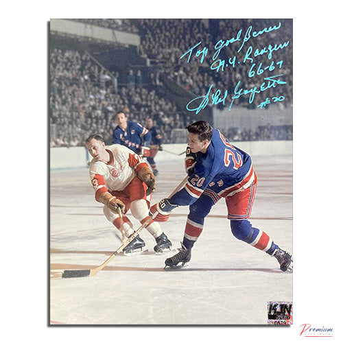 Phil Goyette New York Rangers Signed 8x10 Photograph Vs. Red Wings /w Top goal scorer NY Rangers 66-67 Inscription