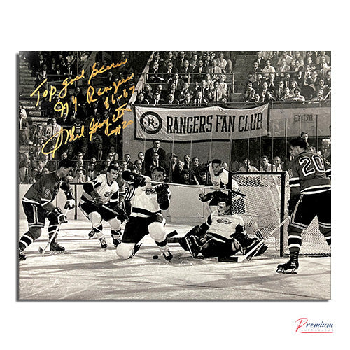 Phil Goyette New York Rangers Signed 8x10 Photograph Battling /w Top goal scorer NY Rangers 66-67 Inscription