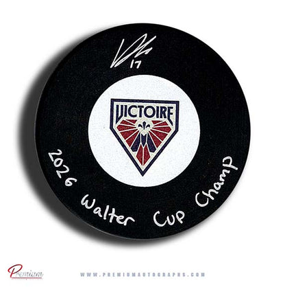 Dara Greig Montreal Victoire PWHL Autographed Puck w/ 2026 Walter Cup Champion Inscription