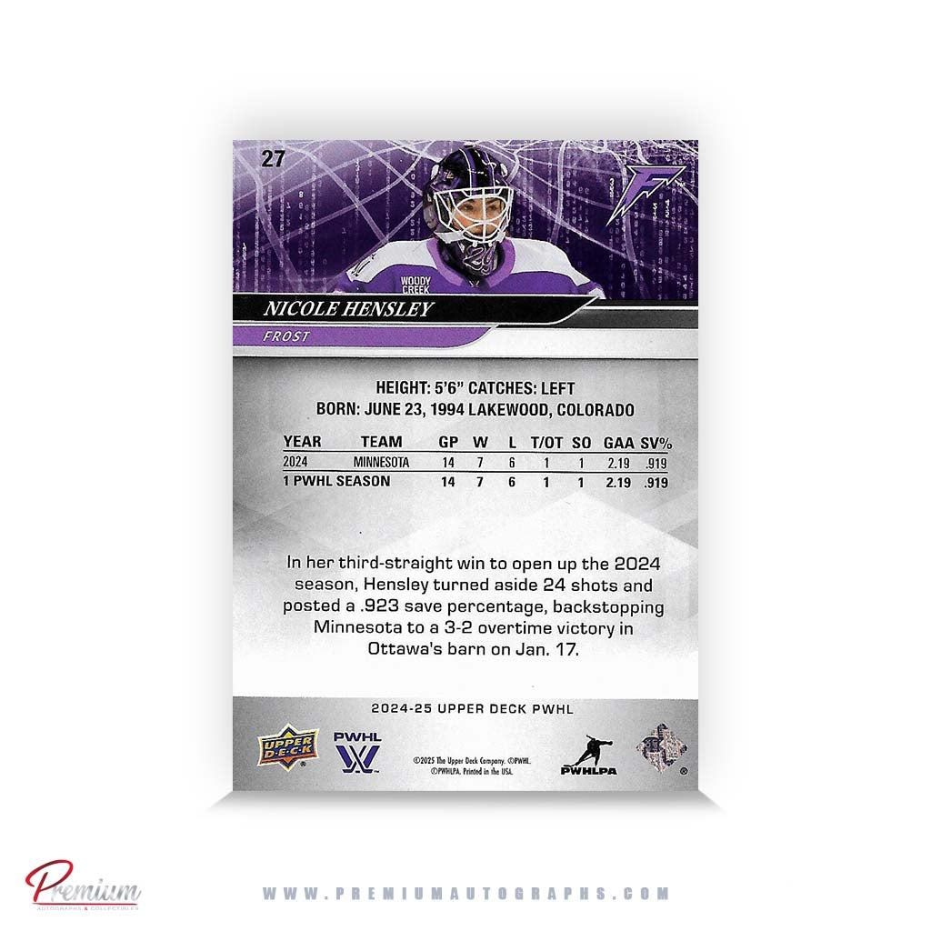 Nicole Hensley Minnesota Frost Autographed 2024-25 Upper Deck PWHL Hockey Card #27 Ltd /29 Nicknames  edn. w/ "Nic" Inscription