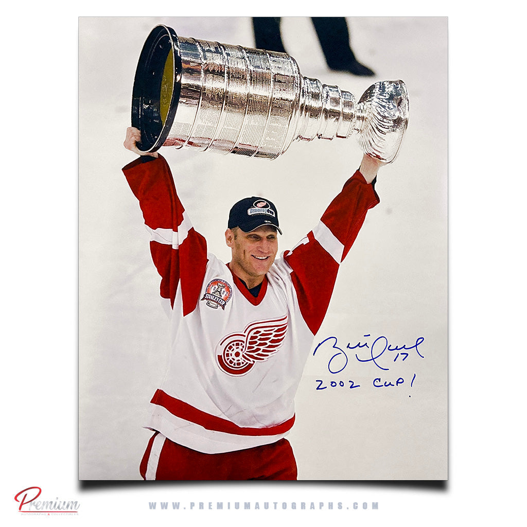 Brett Hull Detroit Red Wings Autographed 16x20 Stanley Cup Celebration w/ 2002 Cup! Inscription