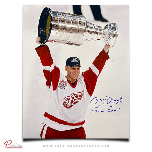 Brett Hull Detroit Red Wings Autographed 16x20 Stanley Cup Celebration w/ 2002 Cup! Inscription