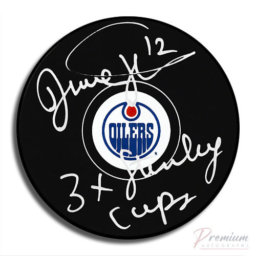 Dave Hunter Edmonton Oilers Signed Puck w/ 3x Stanley Cups Inscription