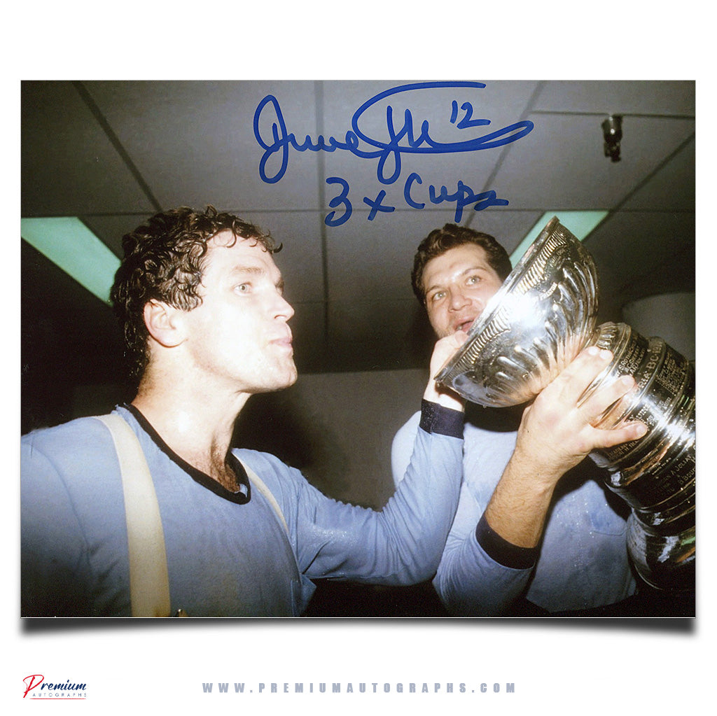 Dave Hunter Edmonton Oilers Signed 8x10 Photograph Stanley Cup Celebration w/ 3x Cups Inscription