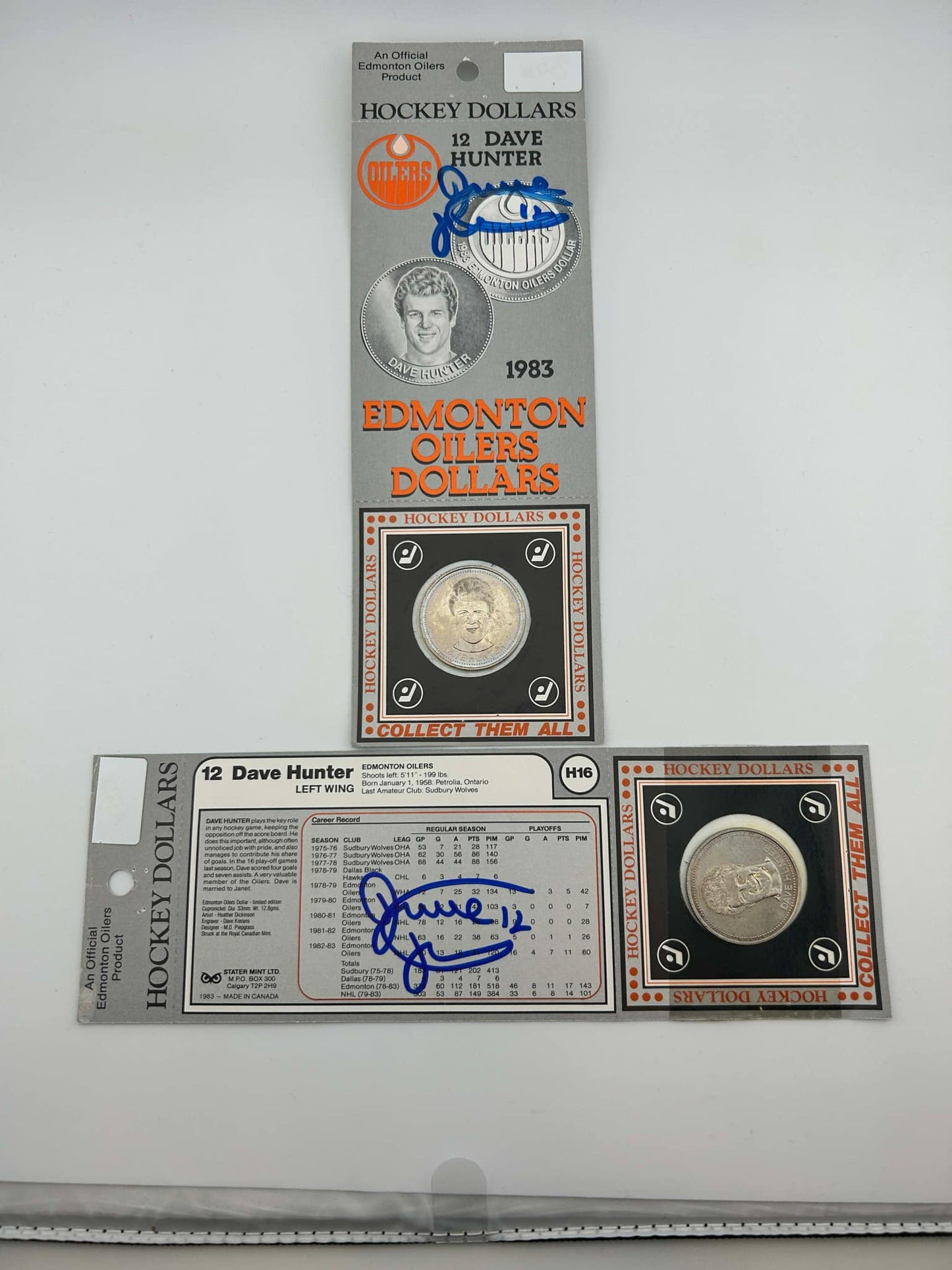 Hockey Dollars 1983 Edmonton Oilers Coins Display Autographed by Dave Hunter