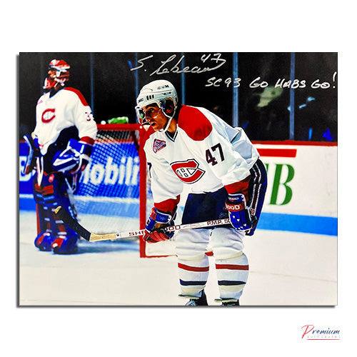 Stephan Lebeau Montreal Canadiens Signed 8x10 Photograph w/ Stanley Cup & 'Go Habs Go' Inscription